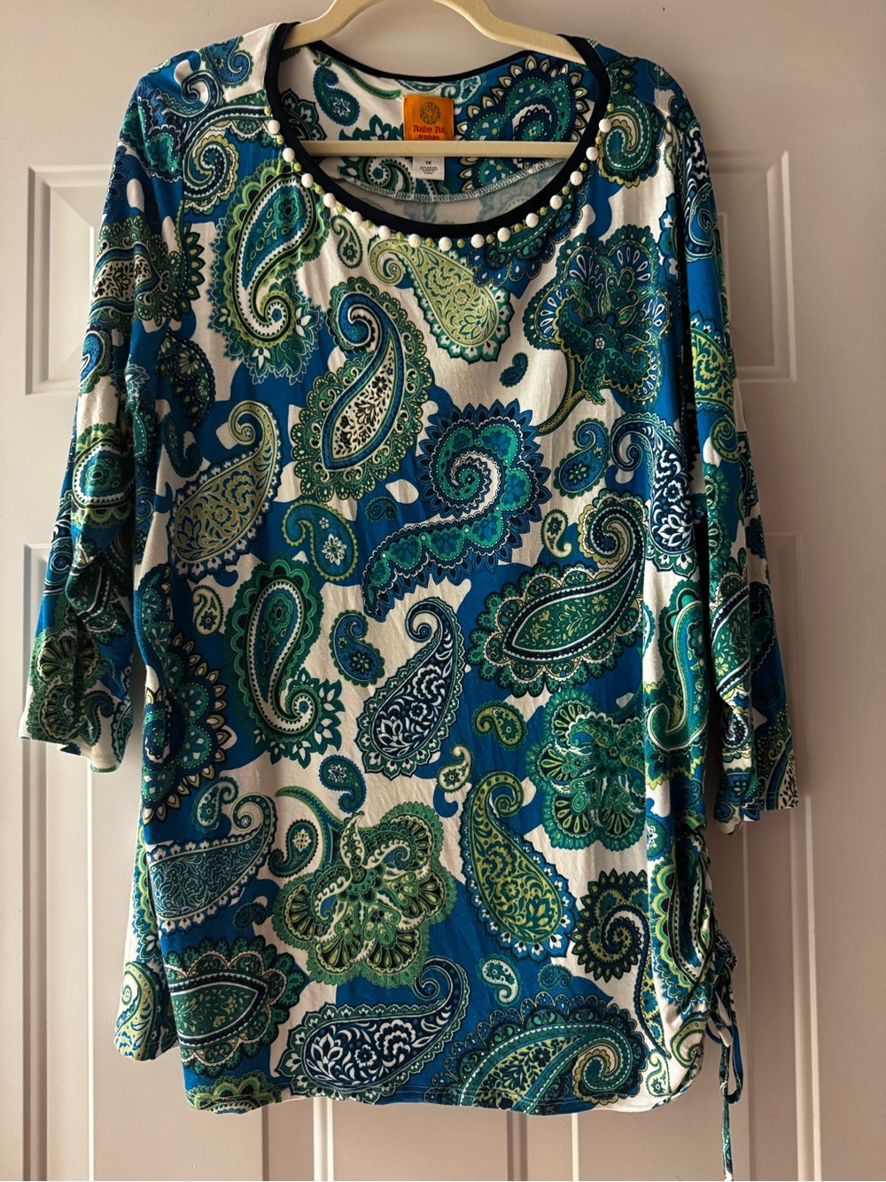 Ruby Rd. Woman Sage & Teal Blue Paisley Embellished Tunic Top -1X